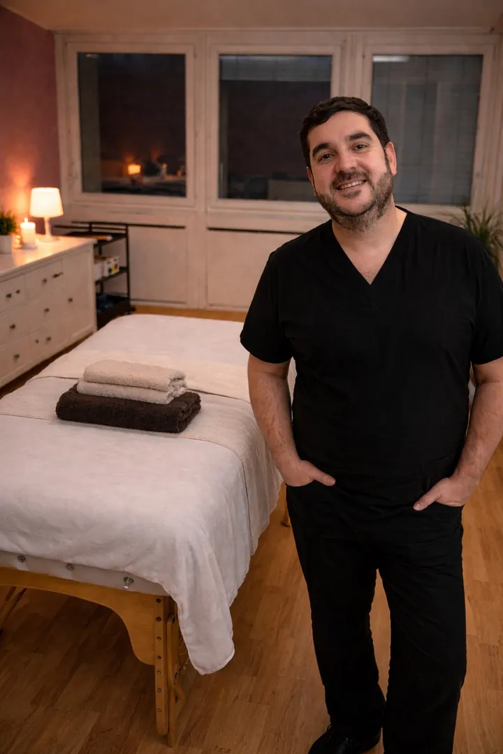 Portrait de João, massothérapeute, dans son cabinet
